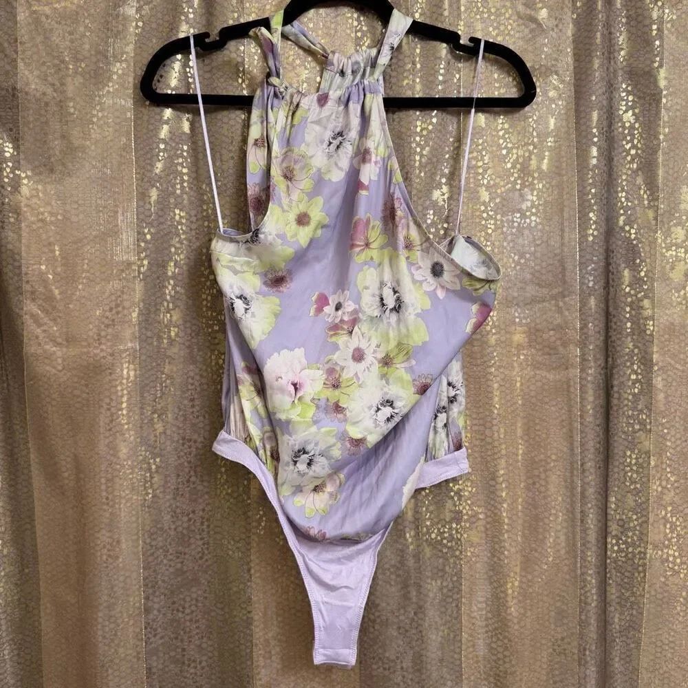 Free People Lavender One Shoulder Floral Silky Tie Shoulder Bodysuit Small NWOT